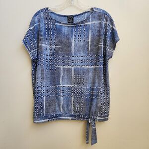 Clara Sun Woo Top Womens Size 1X Blue Abstract Short Sleeve Knit Front Tie